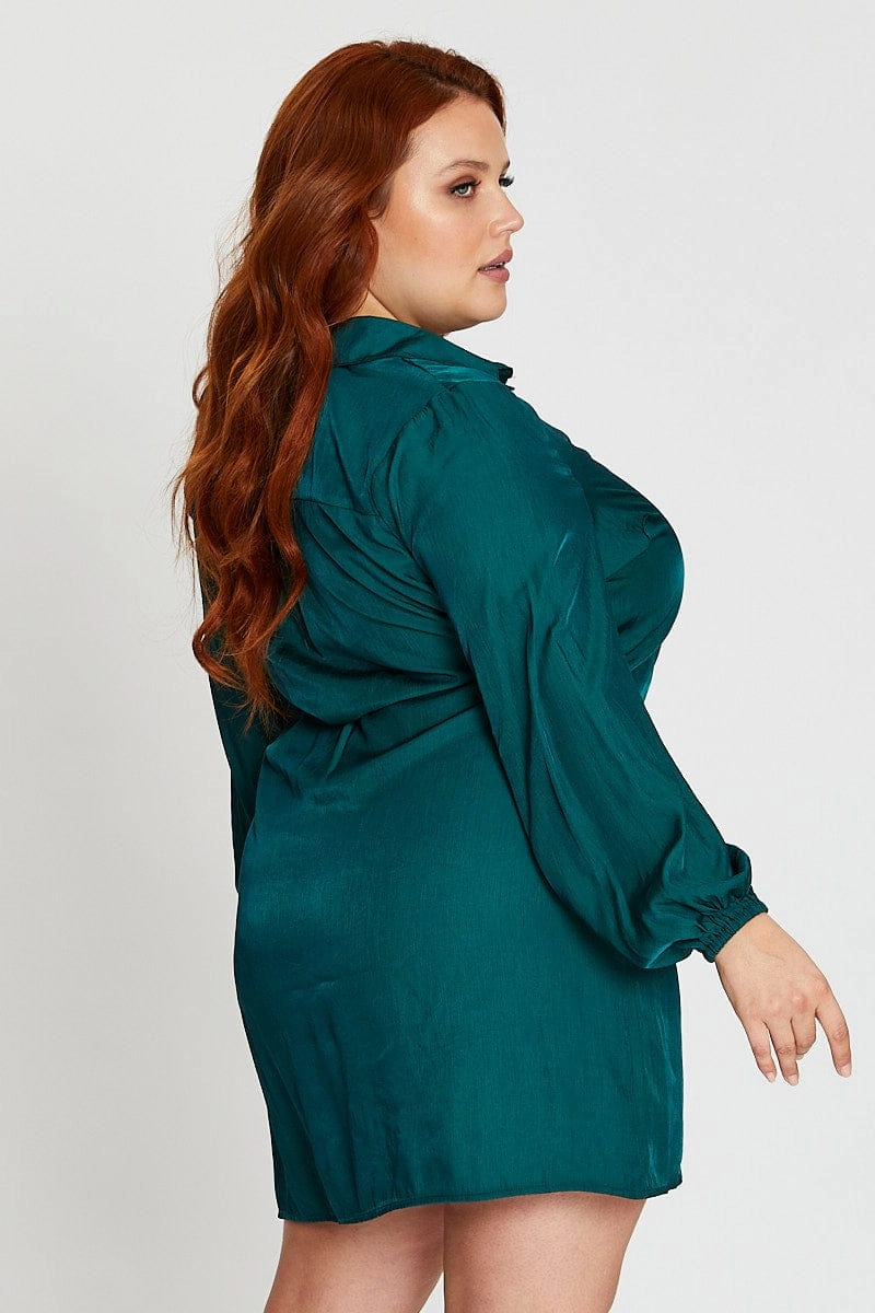 Green Long Sleeve Tie Waist Shirtdress Versatile Layer