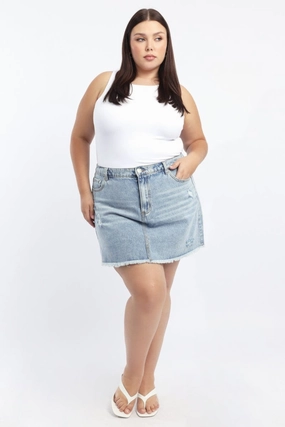 Day To Night Pocket Design Denim Acid Wash Elastic Back Mini Skirt