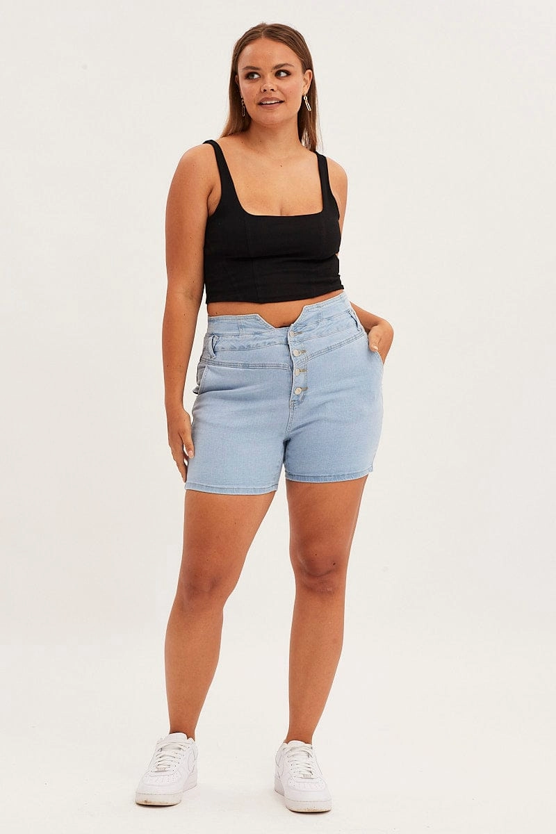 Flexible Support back-to-school Denim Blue Skinny Denim Shorts High Rise
