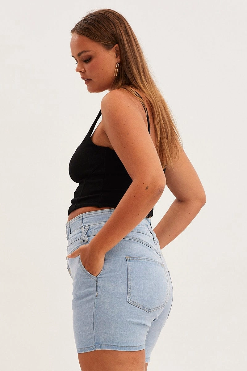 Denim Blue Skinny Denim Shorts High Rise Eco Friendly Dye Process