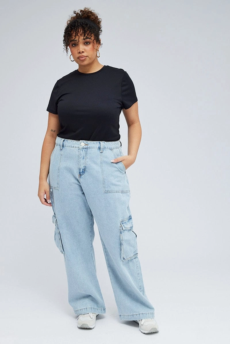 Sustainable Manufacturing Denim Cargo Jeans High Rise