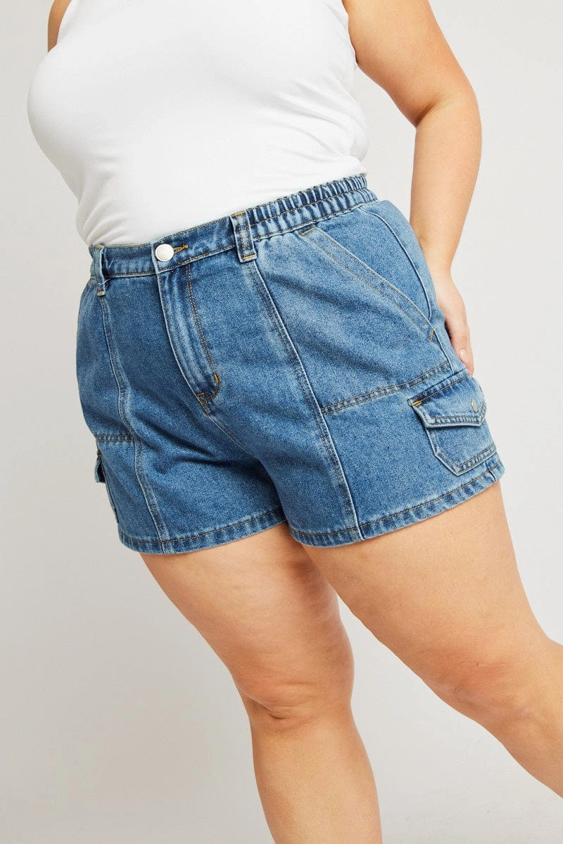 Denim Cargo Shorts High Rise Game Day surfing attire