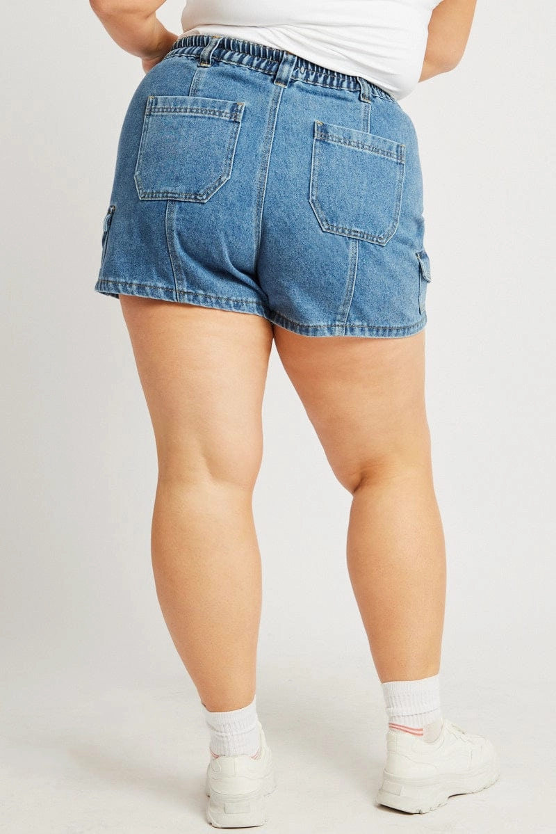 Clean Lines Comfortable Cut Denim Cargo Shorts High Rise