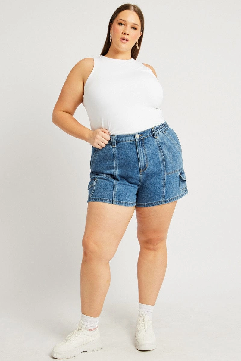 Midweight Texture linen option Denim Cargo Shorts High Rise