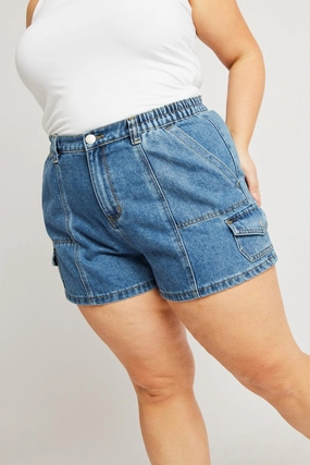 Denim Cargo Shorts High Rise Game Day surfing attire