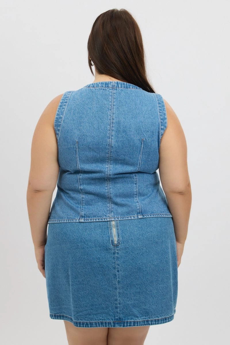 Fit For Travel Denim Fitted Button Through Sleeveless Vest