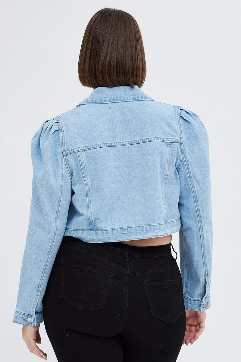 Single Breasted Denim Jacket Puff Sleeve Cropped Fitted