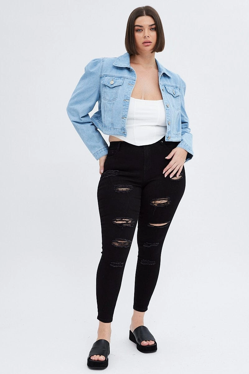 Compression Layer Denim Jacket Puff Sleeve Cropped Fitted