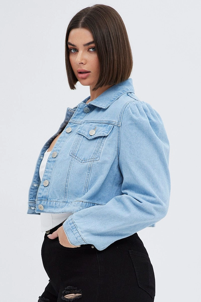Denim Jacket Puff Sleeve Cropped Fitted Hidden Ventilation Zones Refined Casual