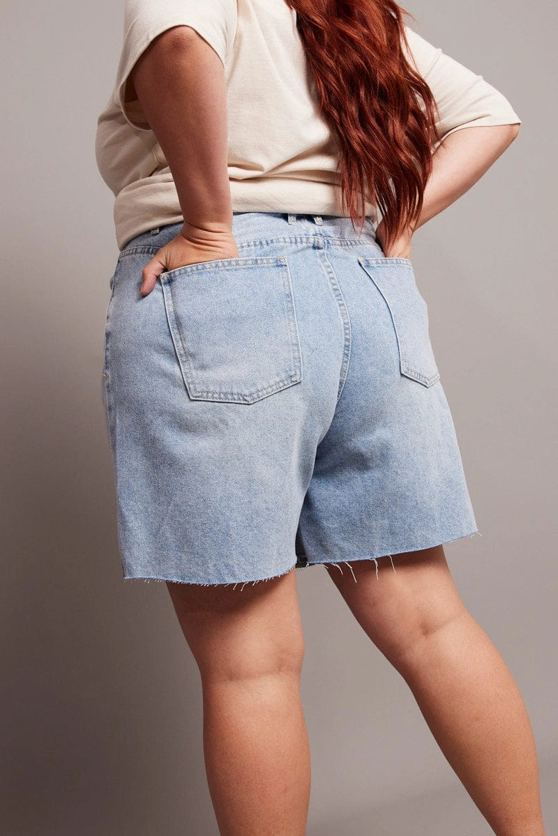 Denim Longline Shorts High Rise Relaxed Fit Raw Hem Chill Style Flexible Motion