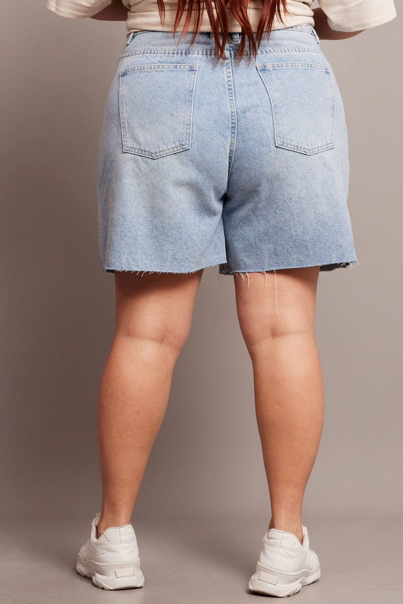Denim Longline Shorts High Rise Relaxed Fit Raw Hem Comfort Fit rhinestone accents