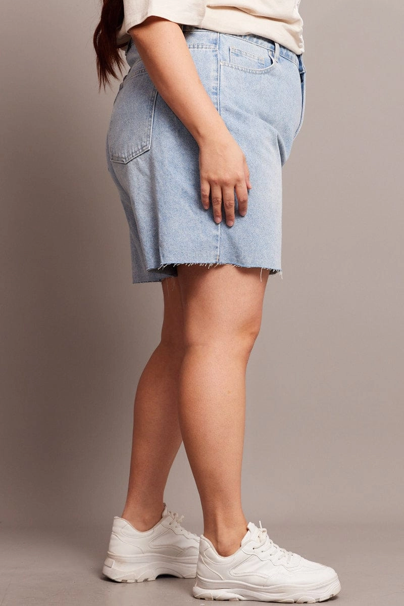 Soft Elastic Denim Longline Shorts High Rise Relaxed Fit Raw Hem
