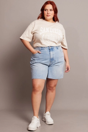 Handmade Easy Days Denim Longline Shorts High Rise Relaxed Fit Raw Hem