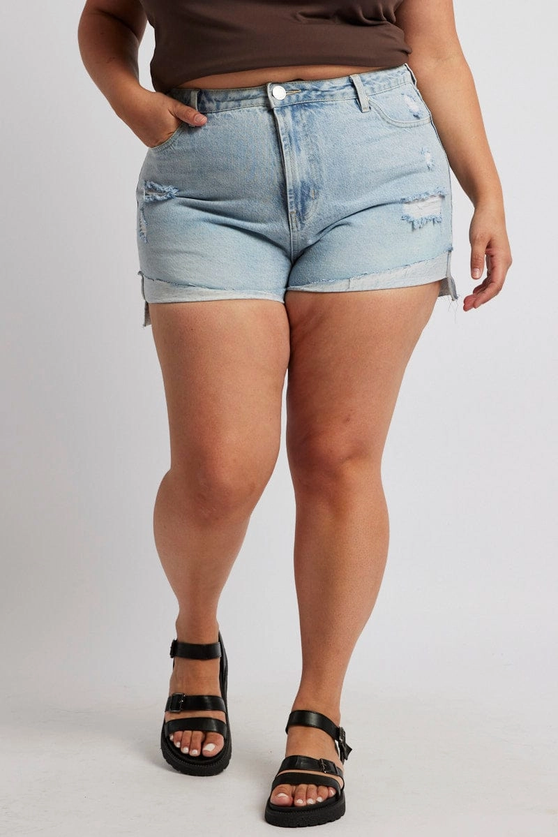 Fitness Ready Denim Relaxed Shorts High Rise Distressed Hem