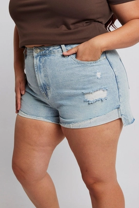 Flatlock Seam Technology Go Soft Denim Relaxed Shorts High Rise Distressed Hem