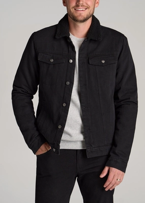 Denim Sherpa Tall Men's Jacket in Onyx Black Wash Gloss Free Texture Casual Comfy Layer