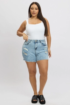 Denim Skinny Shorts High Rise Double Stitched Seams Smart Look