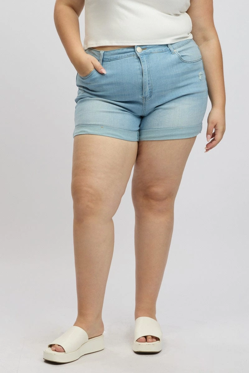 Denim Skinny Shorts High Rise Stretched Gusseted Crotch Design Dynamic Tension Control