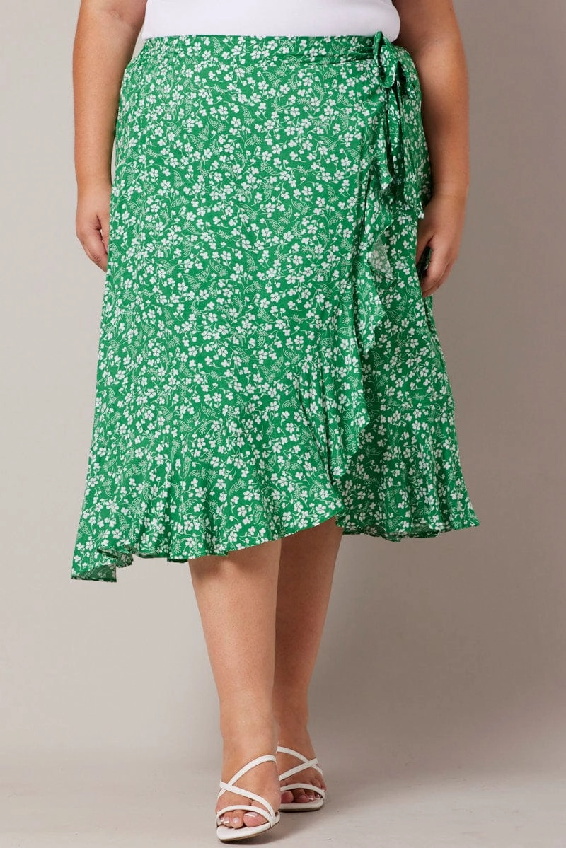 Green Ditsy Wrapover Frill Rayon Midi Skirt Refined Edge