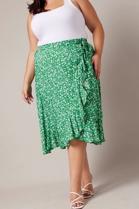 Contemporary Brand Green Ditsy Wrapover Frill Rayon Midi Skirt