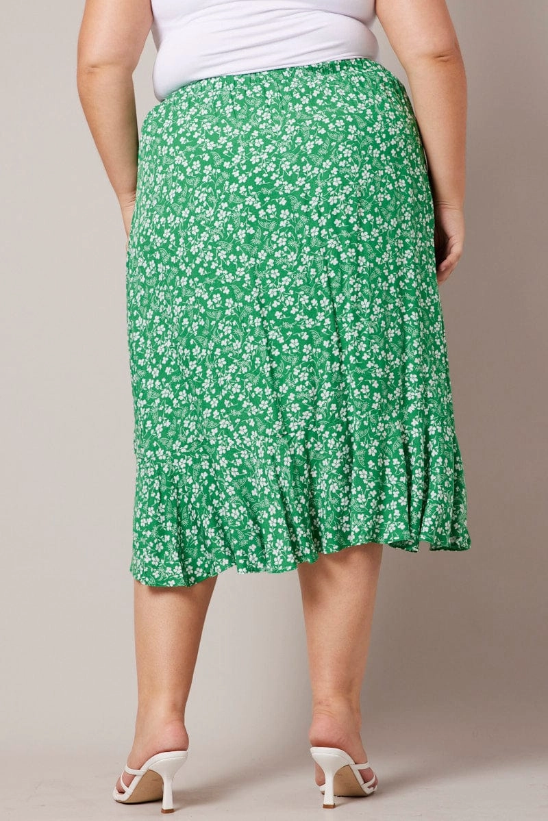 Cozy Finish Green Ditsy Wrapover Frill Rayon Midi Skirt
