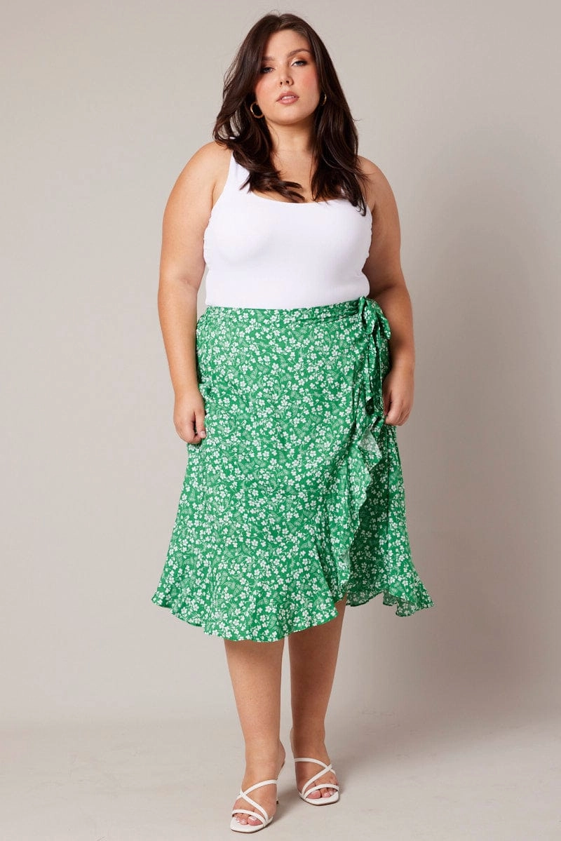 Washable fabric Casual Wear Green Ditsy Wrapover Frill Rayon Midi Skirt