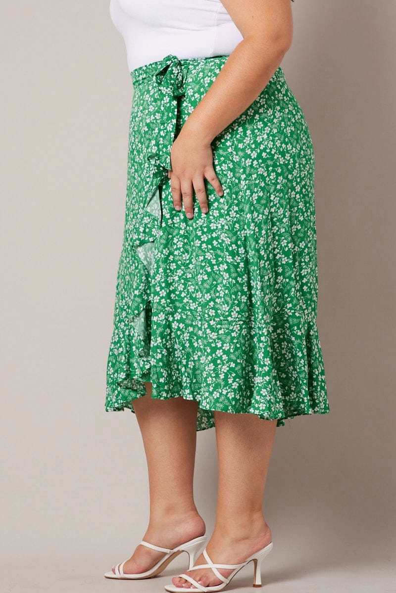 Green Ditsy Wrapover Frill Rayon Midi Skirt Relaxed Style Split hem