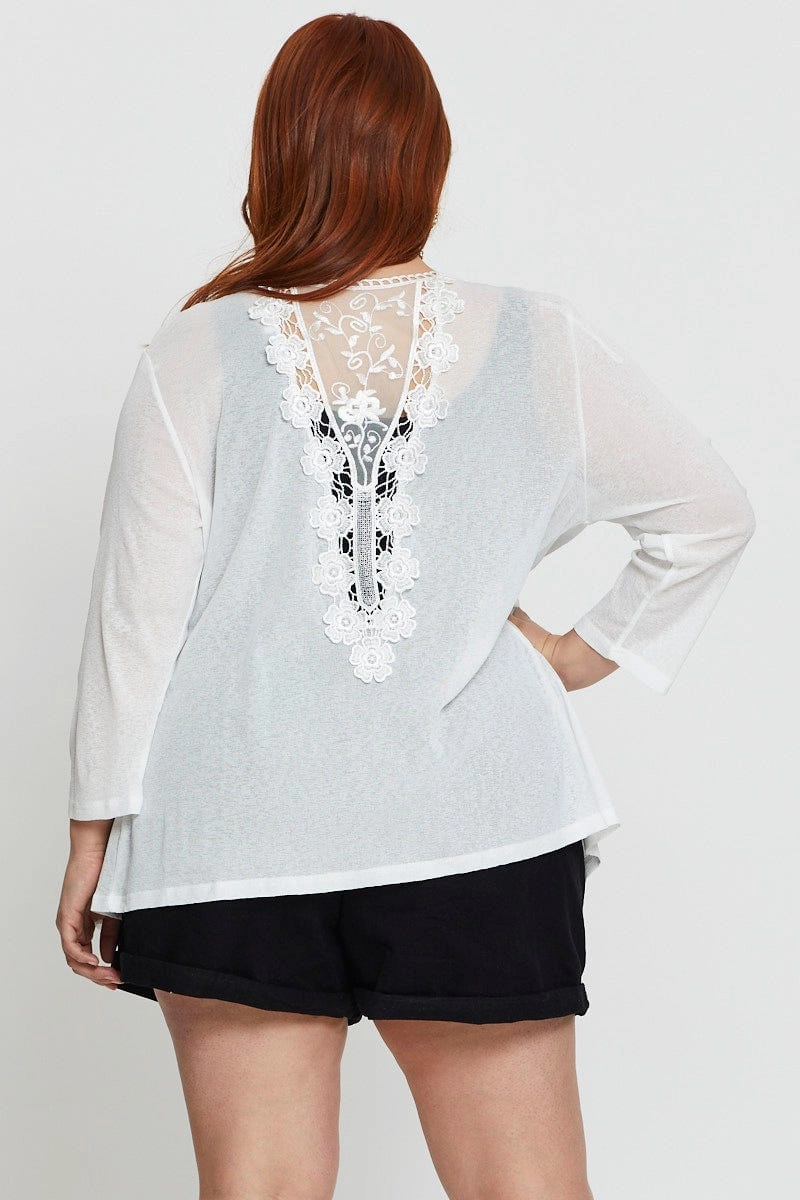 Full Length Zipper Easy Care Machine Washable White Longline Cardigan Three-quarter Sleeve Jersey