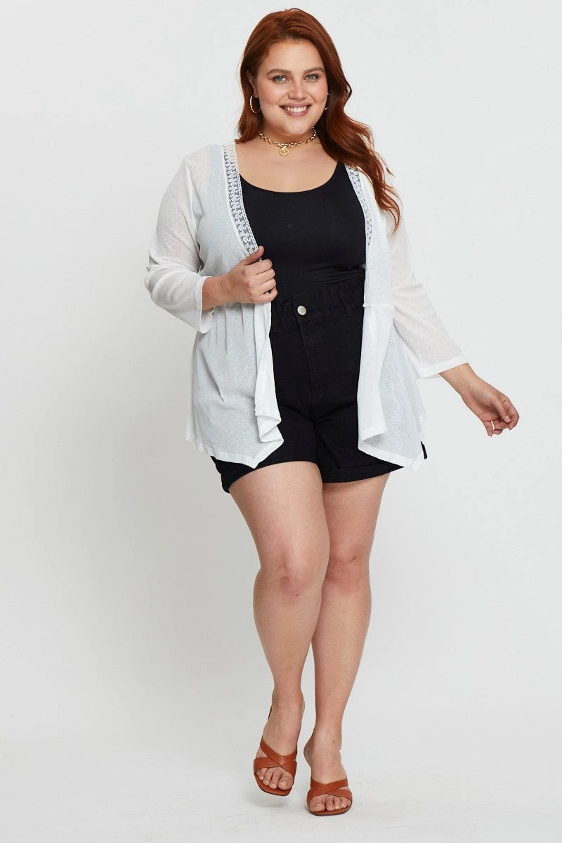 HoodedStyle Adjustable hood design White Longline Cardigan Three-quarter Sleeve Jersey