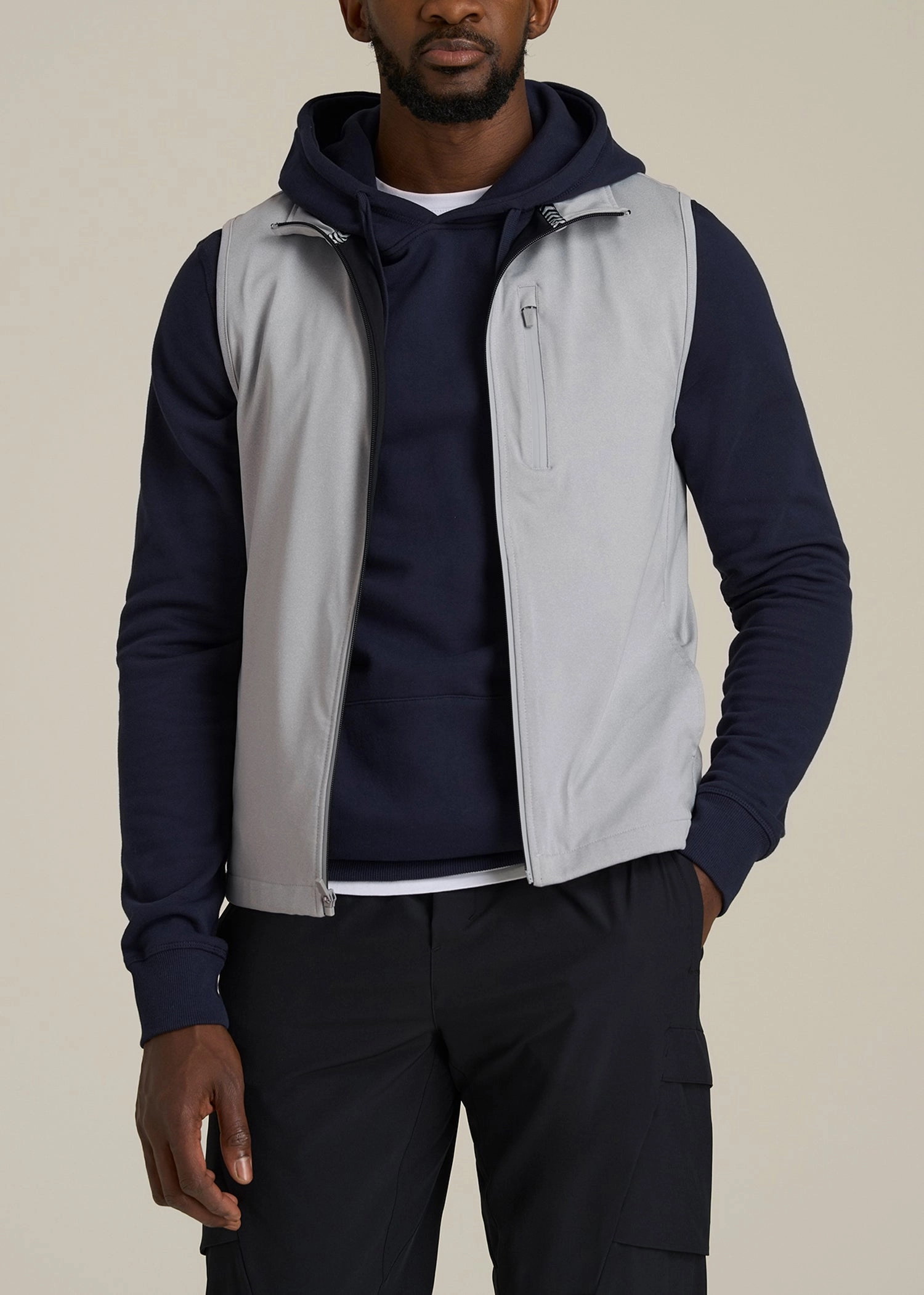 Performance Vest for Tall Men in Light Grey Mix Casual Style Layered Collar System