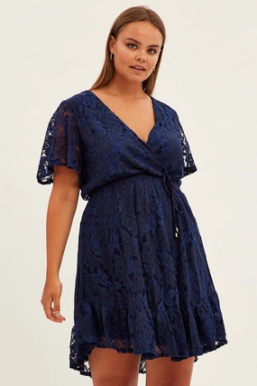 Blue Fit And Flare Dress Short Sleeve Wrap Lace Elegance Glow Art Inspired