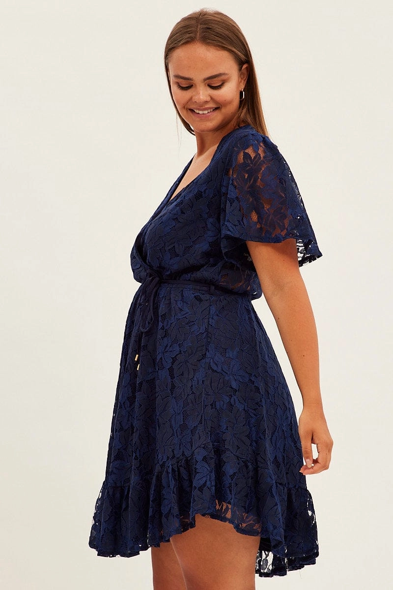 Blue Fit And Flare Dress Short Sleeve Wrap Lace Anytime Wear