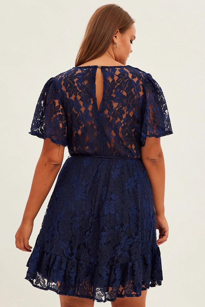 Chic Comfort Wear Trendy Waist Blue Fit And Flare Dress Short Sleeve Wrap Lace