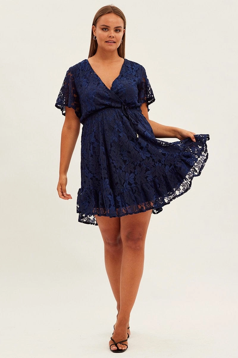 Blue Fit And Flare Dress Short Sleeve Wrap Lace Satin Touch