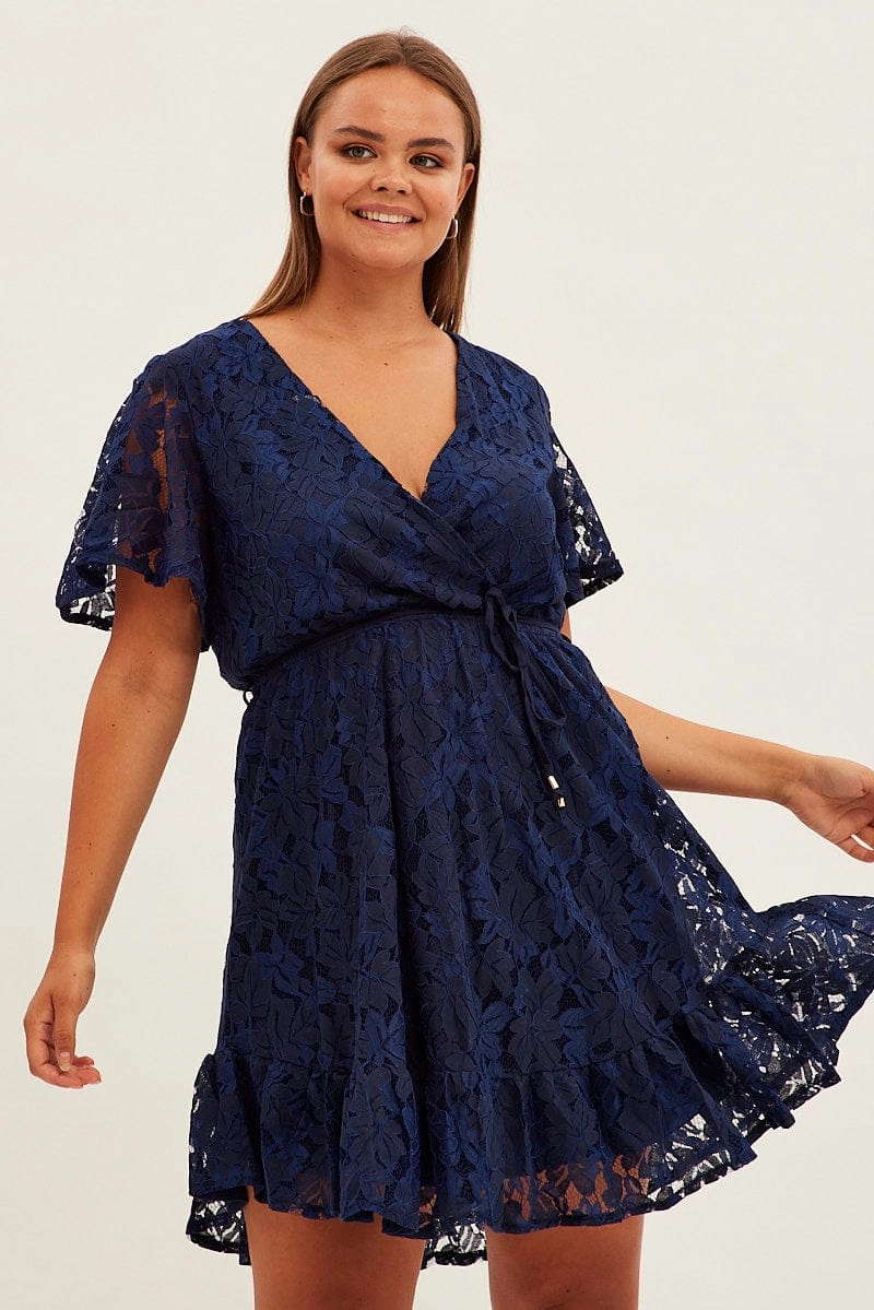 Dual Tones Blue Fit And Flare Dress Short Sleeve Wrap Lace