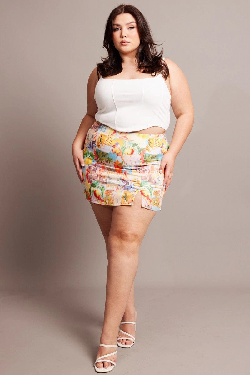 Multi Abstract Postcard Mini Skirt Lightweight
