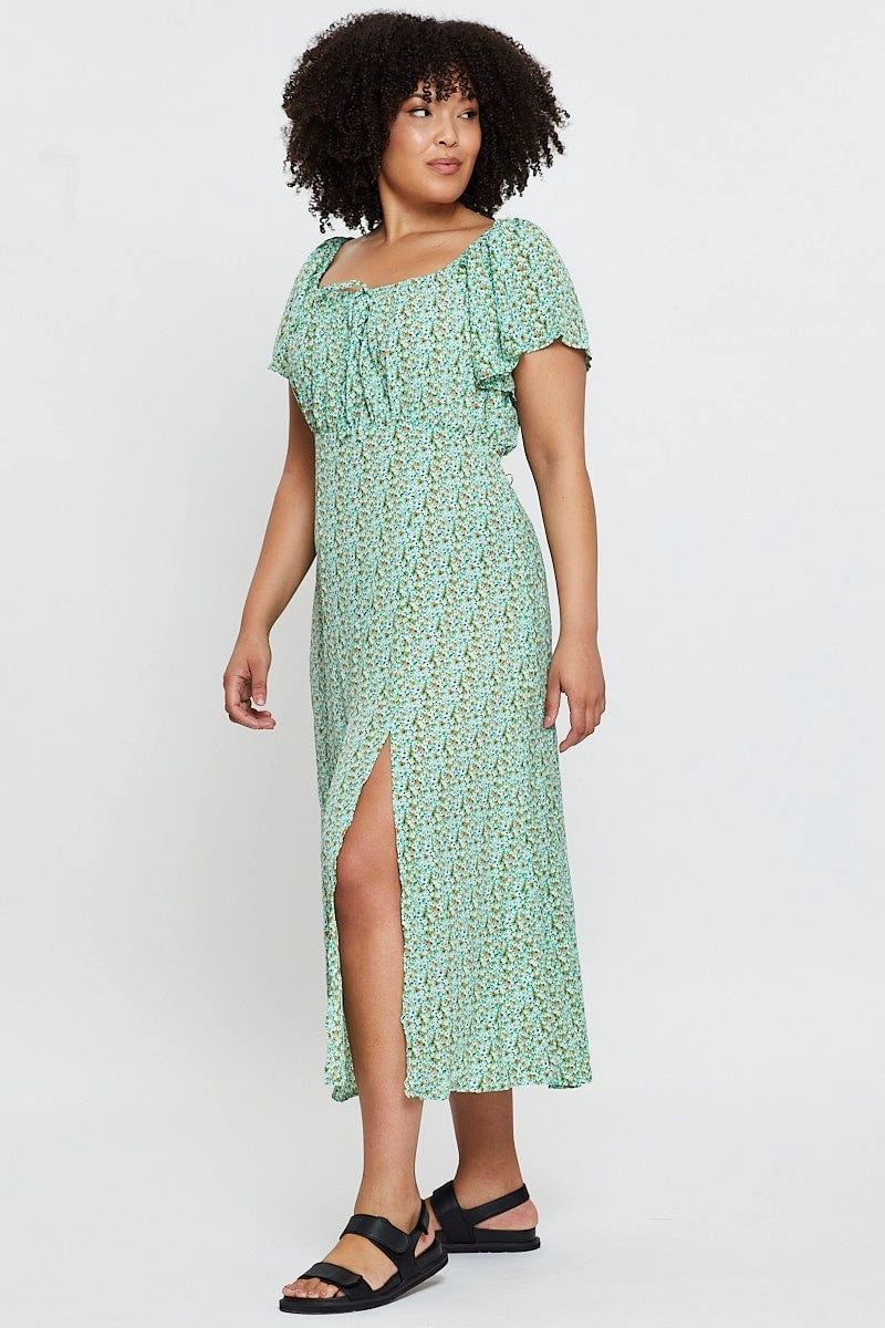 Chic Style Wear Sophisticated Appeal Ditsy Print Midi Dress Scoop Neck Short Sleeve Front Split