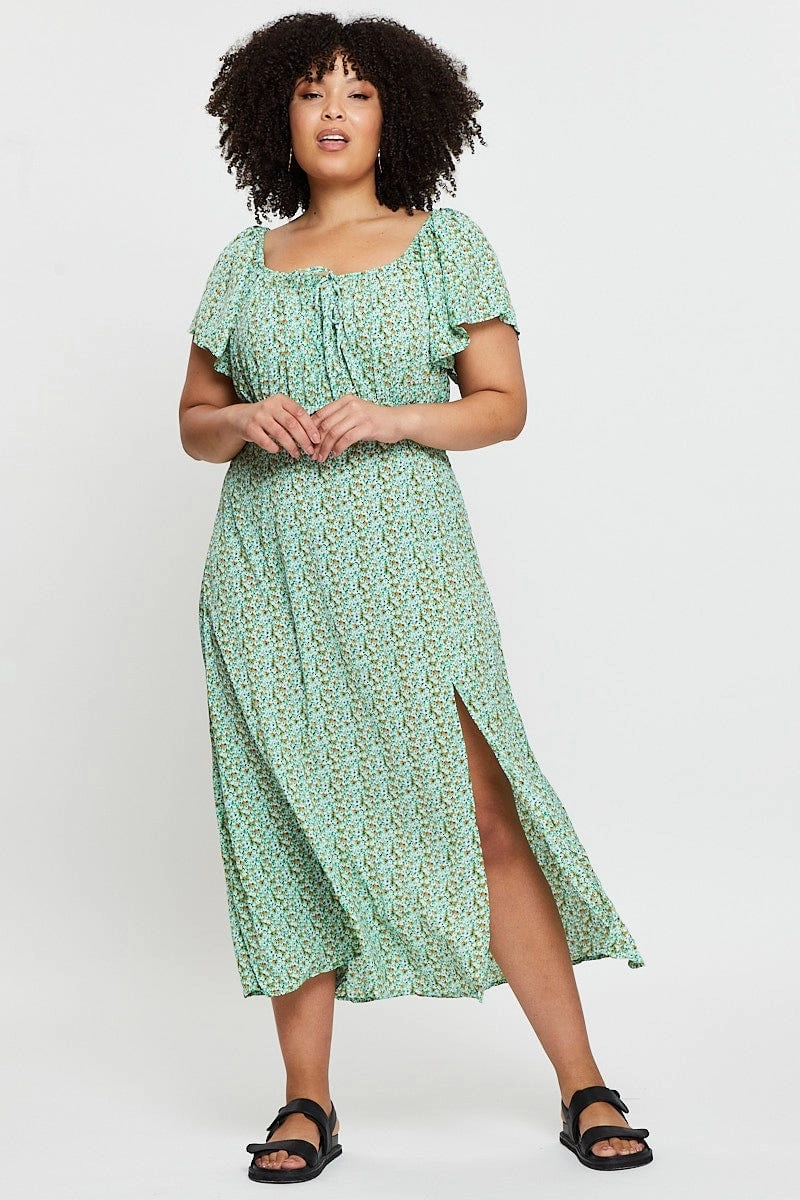 Ditsy Print Midi Dress Scoop Neck Short Sleeve Front Split Timeless Line