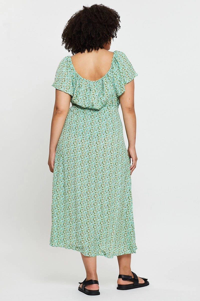 Fresh Stitch Ditsy Print Midi Dress Scoop Neck Short Sleeve Front Split