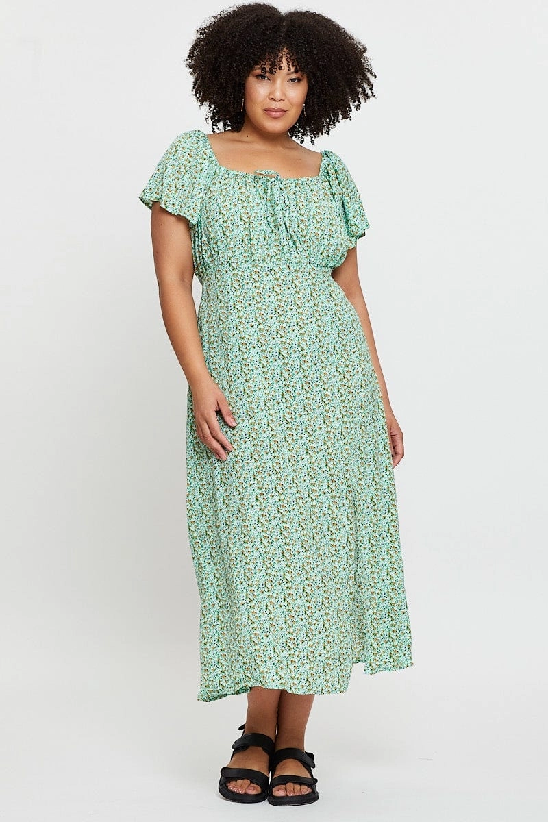 Comfortable Waist Design Fit Ditsy Print Midi Dress Scoop Neck Short Sleeve Front Split