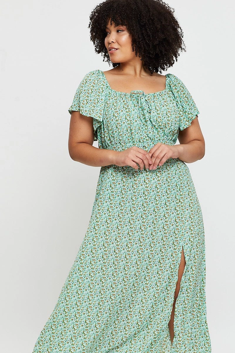 Mini-Length Ditsy Print Midi Dress Scoop Neck Short Sleeve Front Split