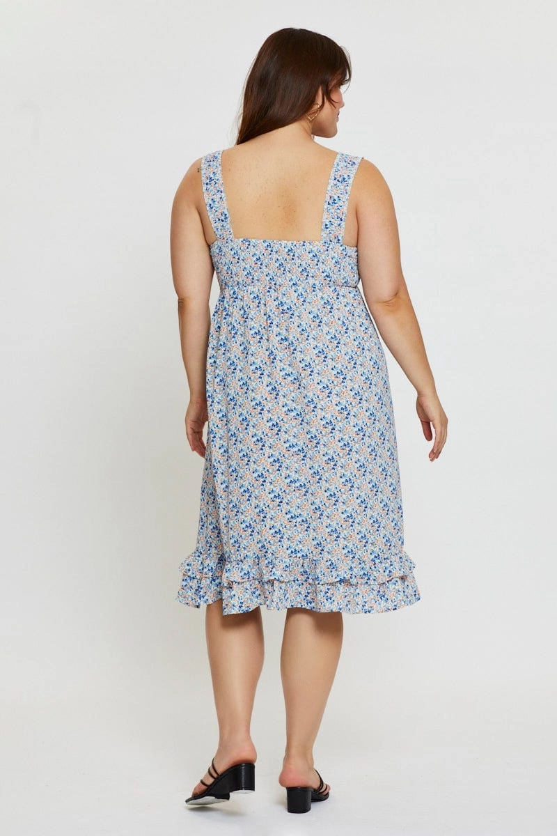 Ditsy Print Midi Dress Scoop Neck Sleeveless BreathableLining
