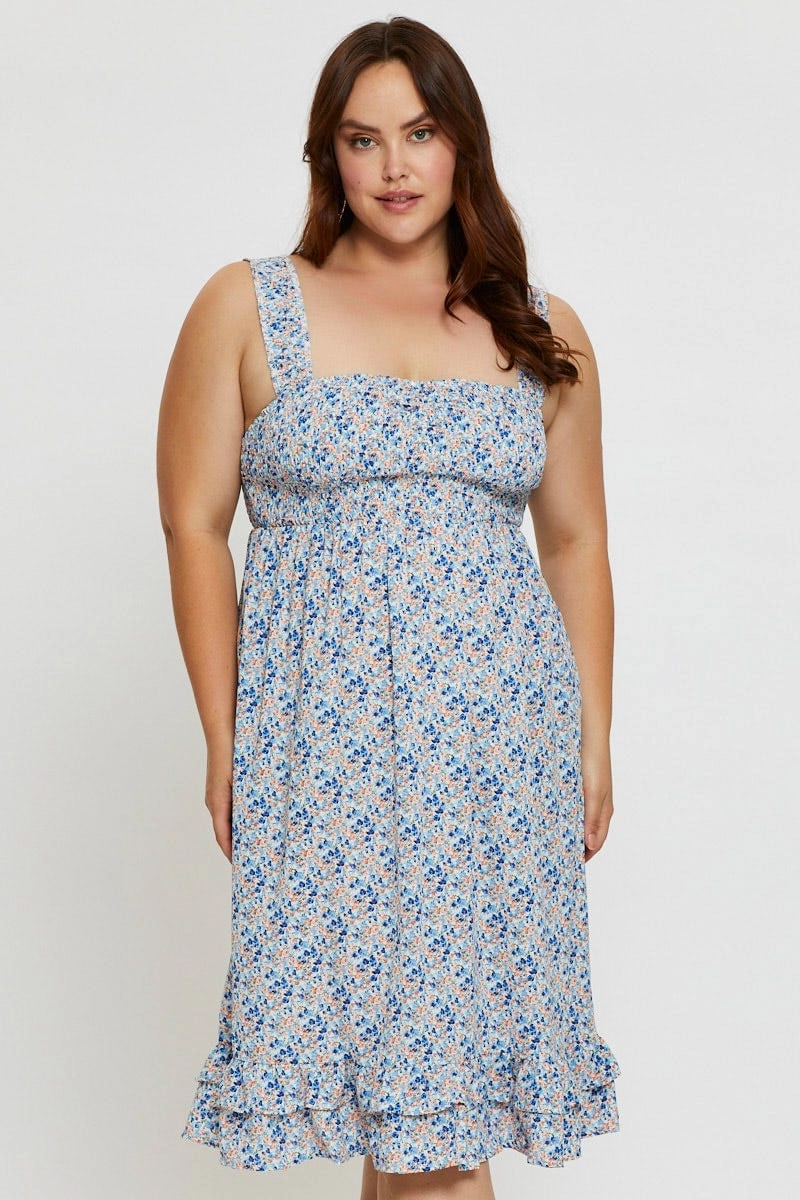 Ditsy Print Midi Dress Scoop Neck Sleeveless Comfortable and Chic Street Vibe