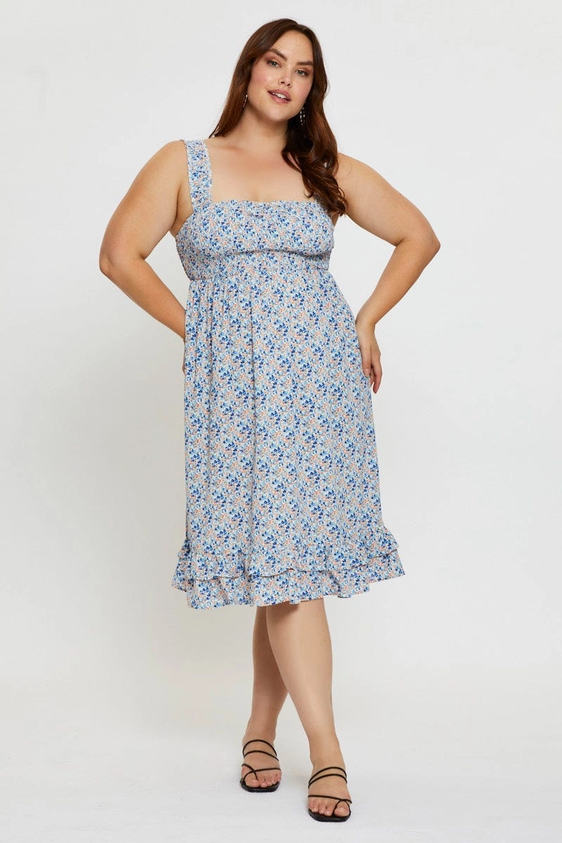 Ditsy Print Midi Dress Scoop Neck Sleeveless Summer Soft Easy Movement