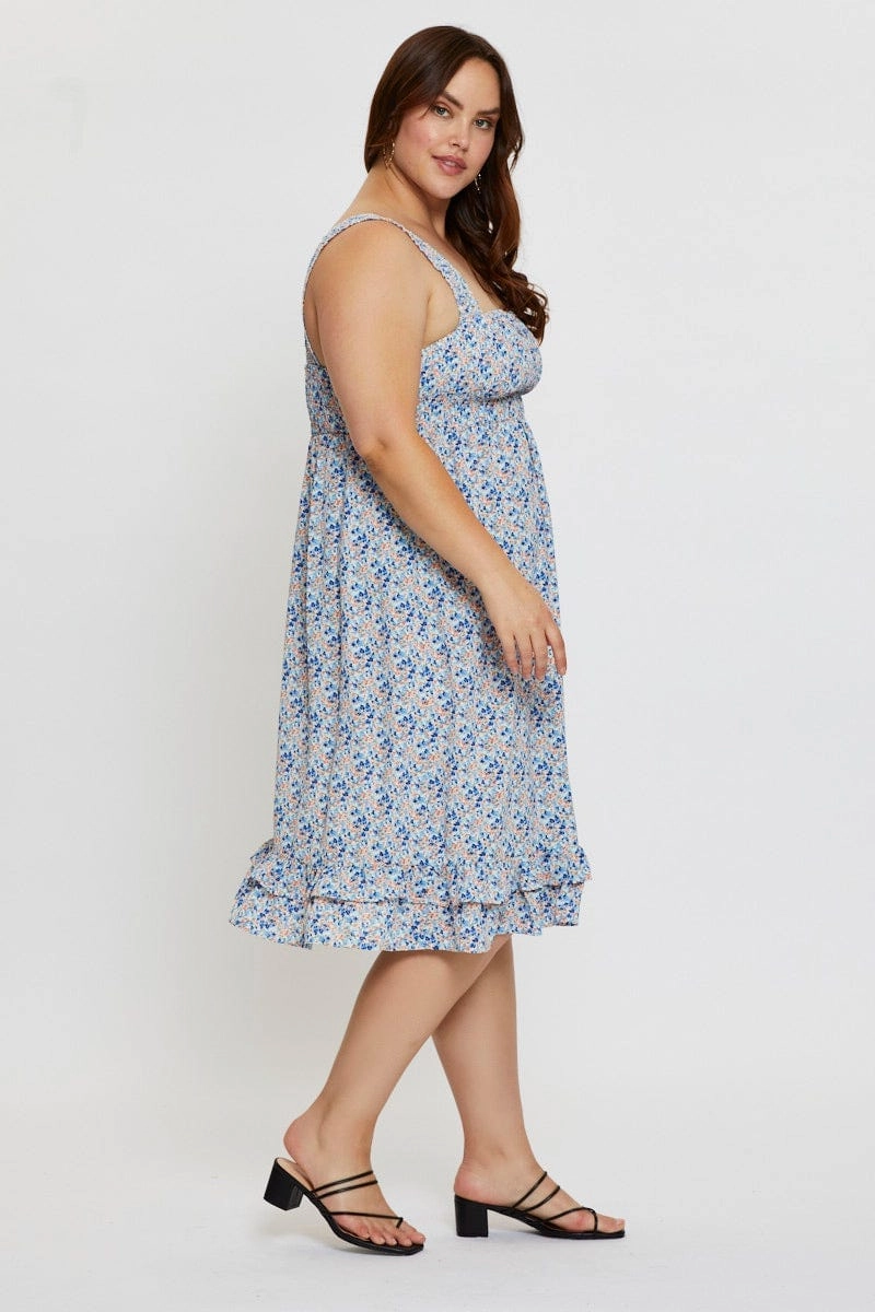 Ditsy Print Midi Dress Scoop Neck Sleeveless Fit Base Minimal Aesthetic