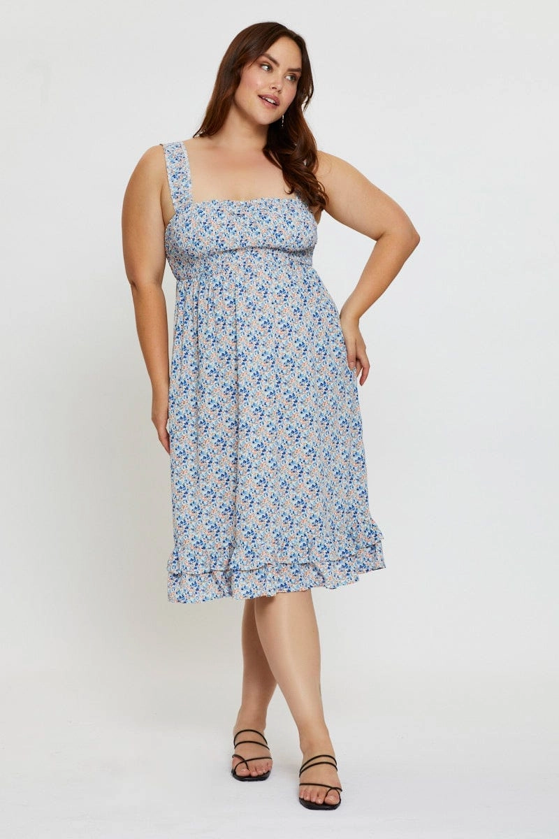 Easy Pick Ditsy Print Midi Dress Scoop Neck Sleeveless