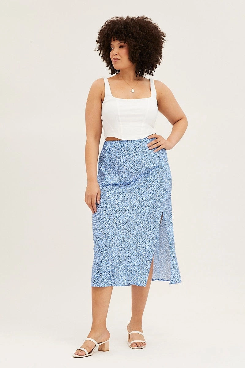Ditsy Print Midi Skirt Split Urban Edge Aesthetic Fit