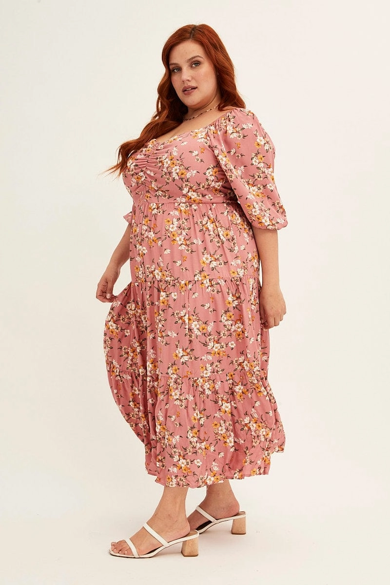 Work or Casual Soft Hue Ditsy Print Short Puff Sleeve Pink Ditsy Rayon Midi Dress