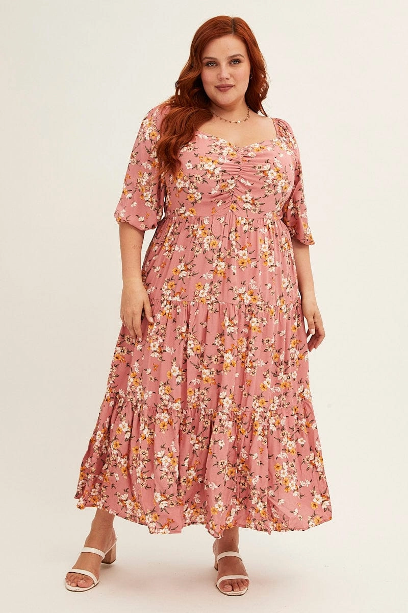 Happy Glow Cozy Layers Ditsy Print Short Puff Sleeve Pink Ditsy Rayon Midi Dress