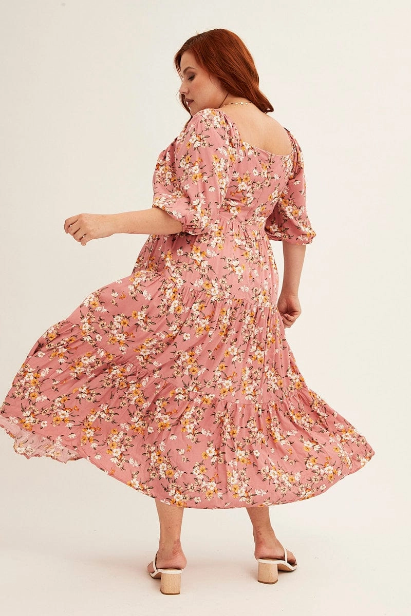 Fine Texture Relaxed Style Ditsy Print Short Puff Sleeve Pink Ditsy Rayon Midi Dress